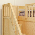 Light natural wood loft bed with built-in stairs and safety rails, cozy brown bedding and under-bed storage