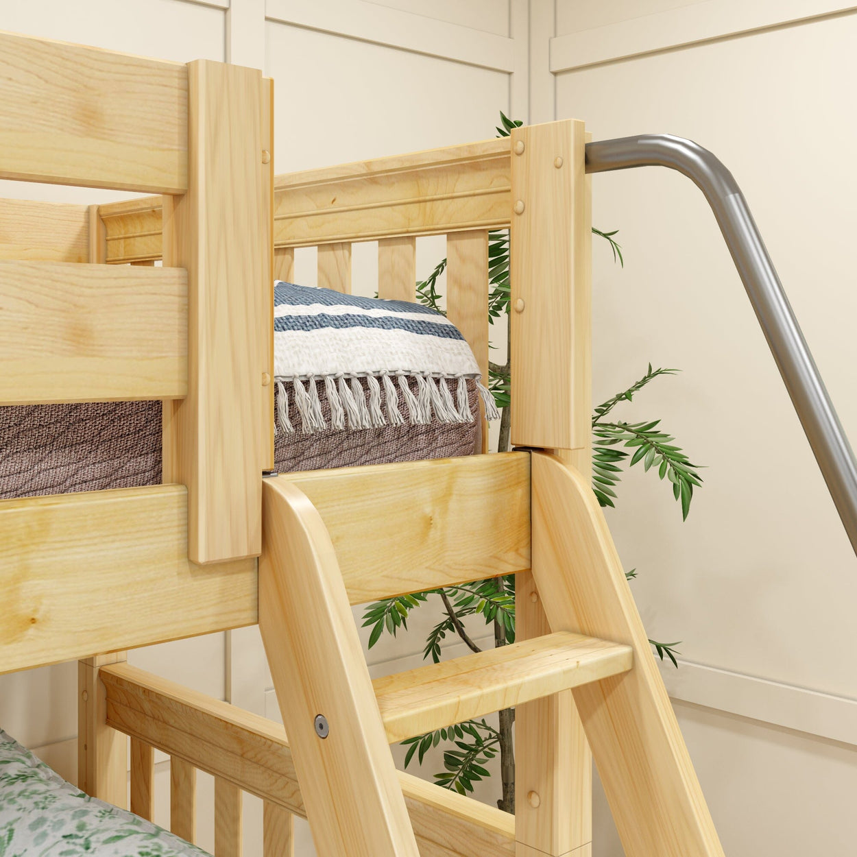 Wooden bunk bed with ladder and decorative plant in cozy bedroom setting.