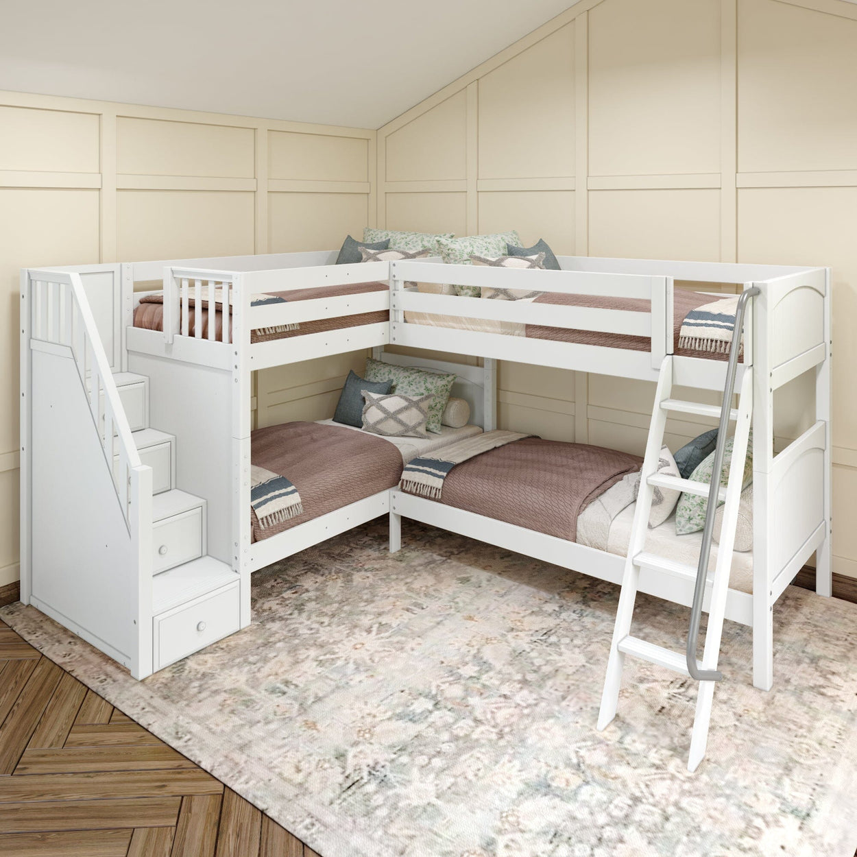 L-shaped white wooden bunk bed with stairs and ladder in a cozy bedroom setting.
