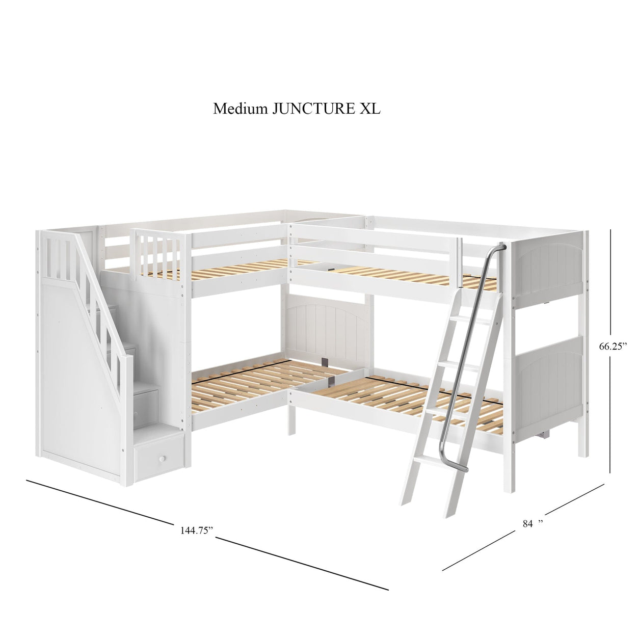 L-shaped white wooden bunk bed with staircase and ladder, ideal for saving space in kids' bedrooms, featuring Medium JUNCTURE XL dimensions.