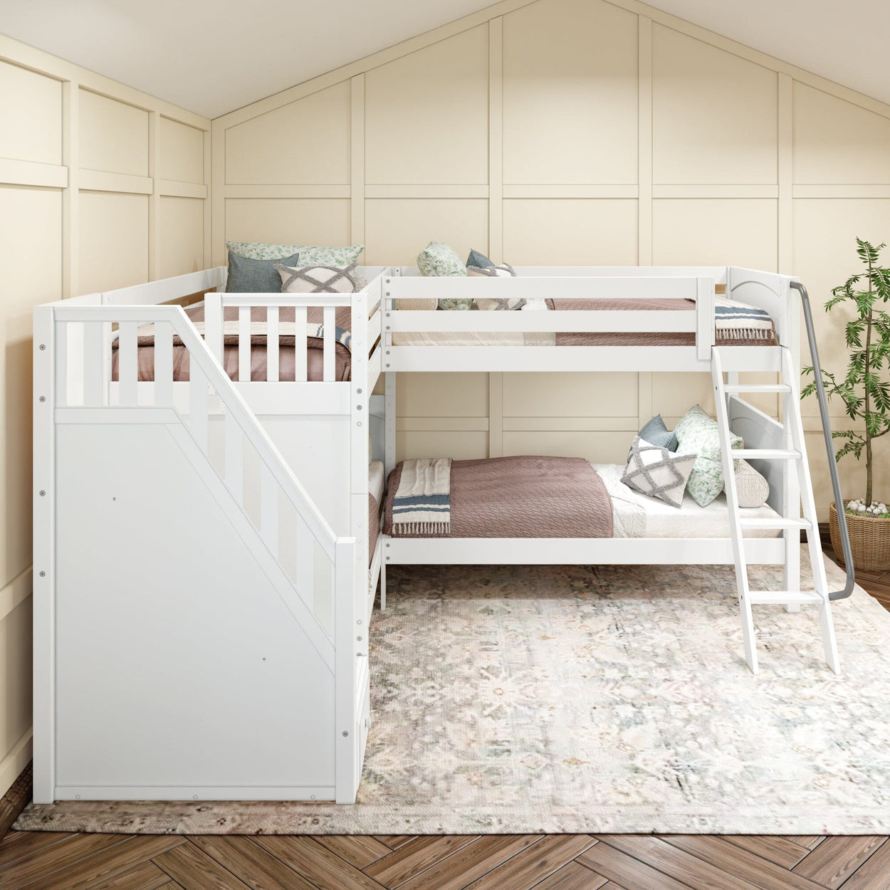 White wooden loft bunk bed with staircase and ladder in a cozy bedroom setting, featuring pastel bedding and decorative pillows, ideal for space-saving and stylish children's room decor.