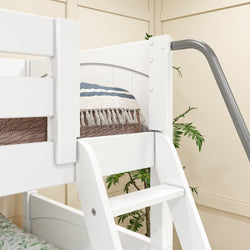 White bunk bed with ladder and cozy blanket in a modern bedroom setting.