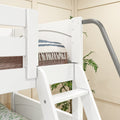 White wooden twin bunk bed ladder and railing with blue-striped throw blanket and tassel detail in a children's bedroom