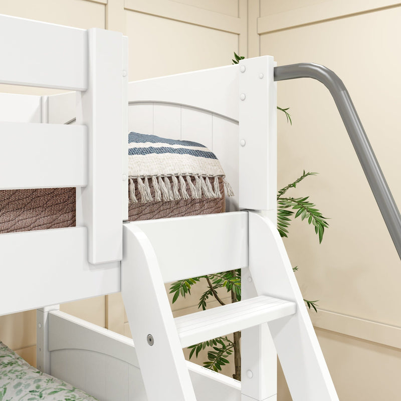 White wooden twin bunk bed ladder and railing with blue-striped throw blanket and tassel detail in a children's bedroom