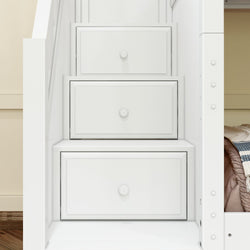 White storage staircase with three drawers, integrated into a bunk bed for space-saving bedroom organization.