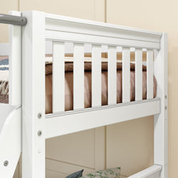 White wooden bunk bed with safety rails and beige bedding in a bedroom.