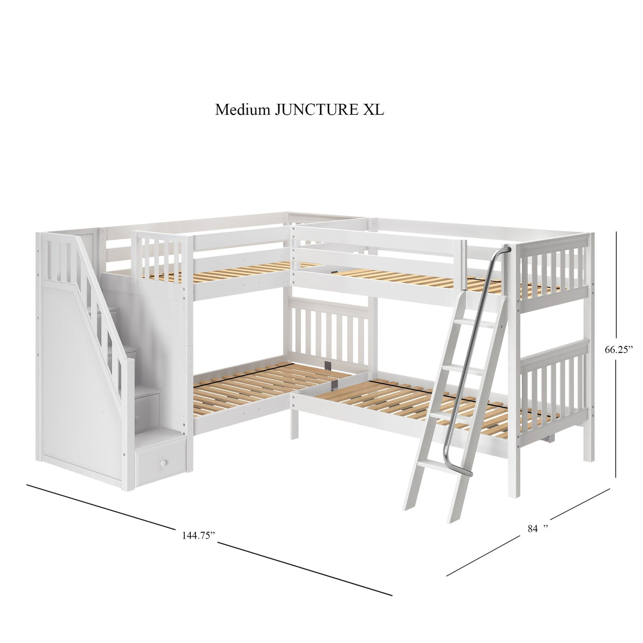 Kids' white wooden L-shaped bunk bed with ladder and storage stairs – Juncture XL dimensions 144.75" x 84" x 66.25".