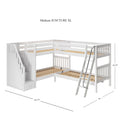 White wooden L-shaped triple bunk loft bed with staircase storage drawers and metal ladder, slatted platforms, space-saving kids' bed (Medium JUNCTURE XL)