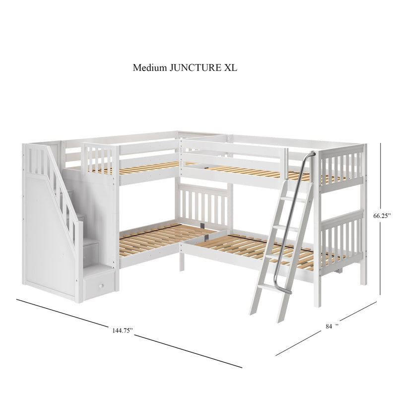 White wooden L-shaped triple bunk loft bed with staircase storage drawers and metal ladder, slatted platforms, space-saving kids' bed (Medium JUNCTURE XL)