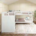 White wooden twin-over-twin bunk bed with ladder and neutral bedding in a kids' bedroom with paneled farmhouse wall and potted plant