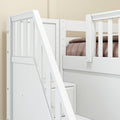 White wooden toddler loft bed with built-in stairs and safety rails in a beige nursery, brown quilted bedding