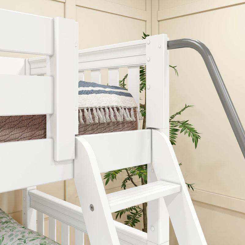 White wooden bunk bed ladder and safety rail close-up with textured blue-and-white blanket and indoor plant against a beige paneled wall