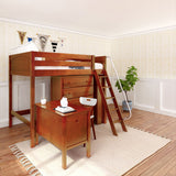 KAISER23 CP : Storage & Study Loft Beds Full High Loft w/ angled ladder, 5 drawer dresser, 2 drawer student desk, 15" High Bookcase, 37.5" High Bookcase, Panel, Chestnut