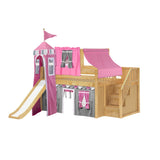 KAPOW57 NP : Play Loft Beds Full Low Loft Bed with Stairs, Curtain, Top Tent, Tower + Slide, Panel, Natural