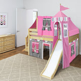 KAPOW57 NP : Play Loft Beds Full Low Loft Bed with Stairs, Curtain, Top Tent, Tower + Slide, Panel, Natural