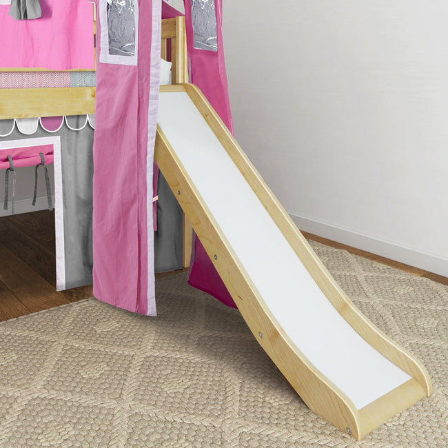 KAPOW57 NS : Play Loft Beds Full Low Loft Bed with Stairs, Curtain, Top Tent, Tower + Slide, Slat, Natural