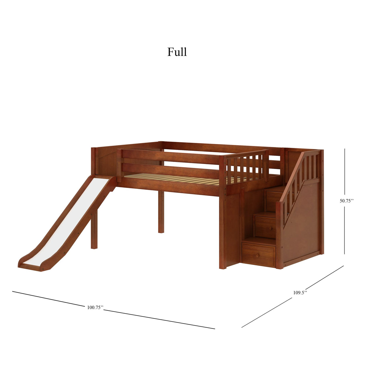 Full-size wooden loft bed with slide and stairs, ideal for kids' bedroom furniture, measuring 50.75" in height, 100.75" in width, and 109.5" in depth.