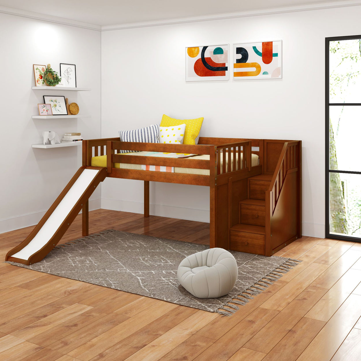 Mid-century modern kids loft bed with stairs and slide in bright playroom.