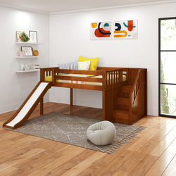 Mid-century modern kids loft bed with stairs and slide in bright playroom.