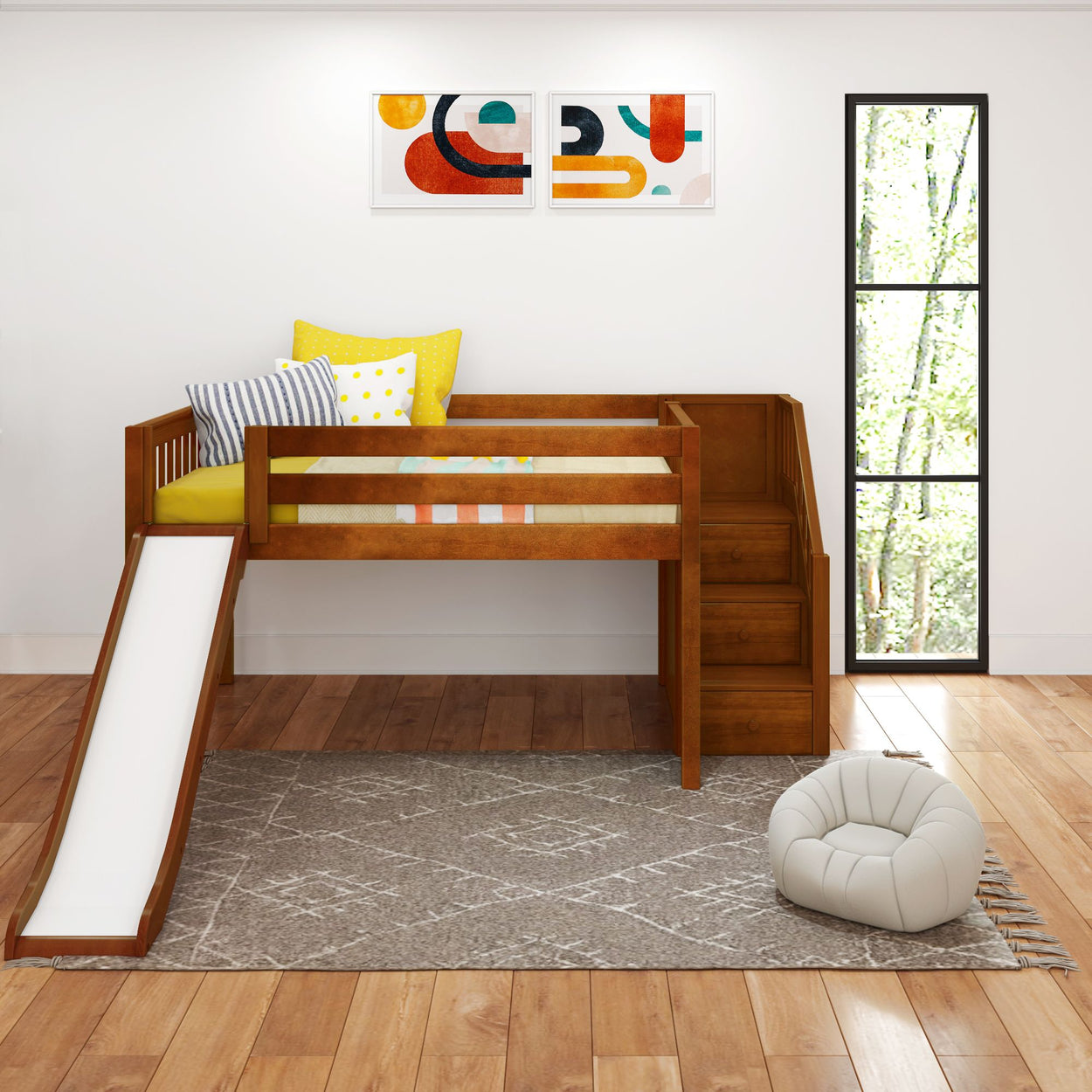 Children's wooden loft bed with slide and stairs, featuring vibrant bedding and modern decor in a bright bedroom with hardwood floor.