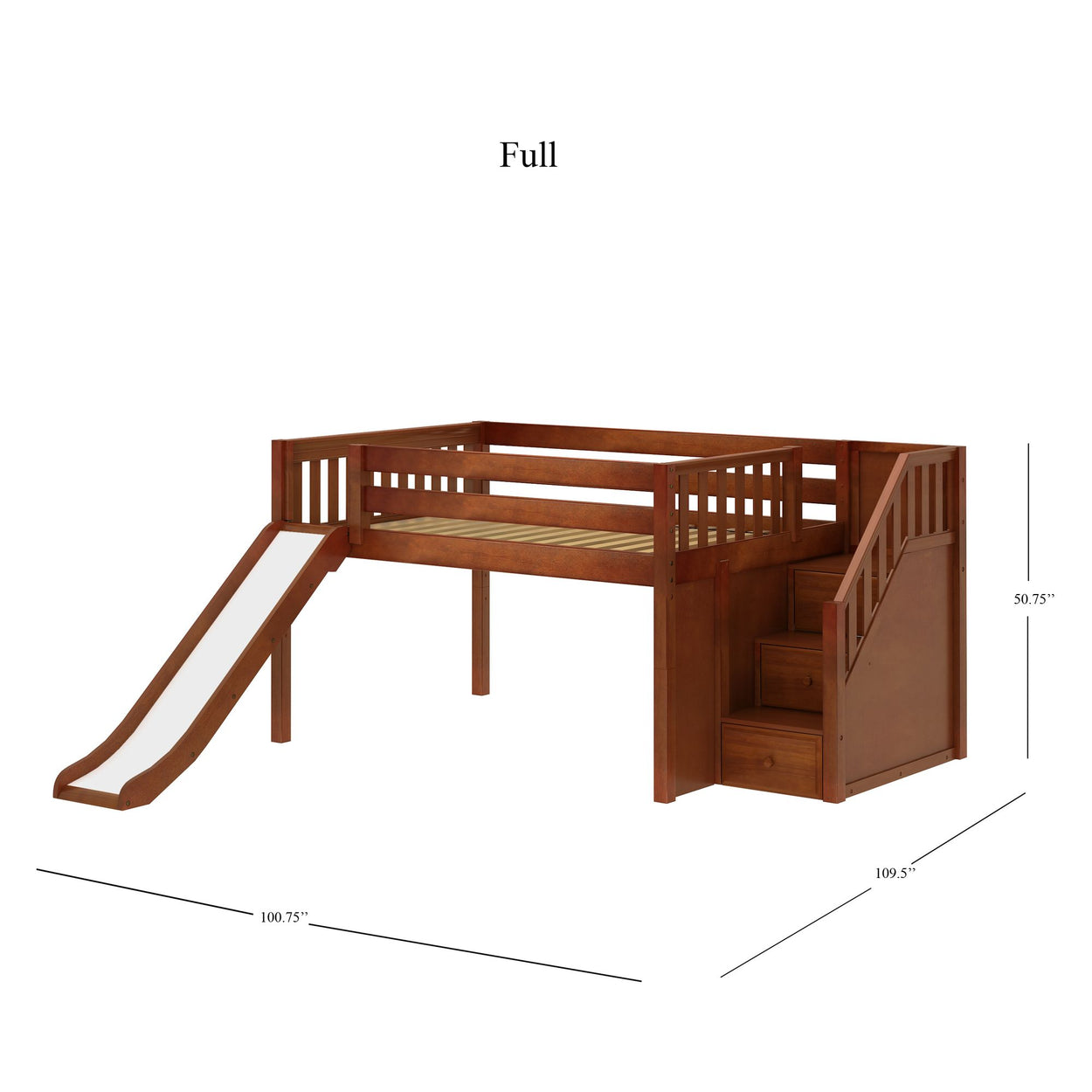 Wooden loft bed with slide and stairs for kids' bedroom furniture set.