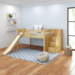 Wooden loft bed with slide and stairs in a modern children's room.