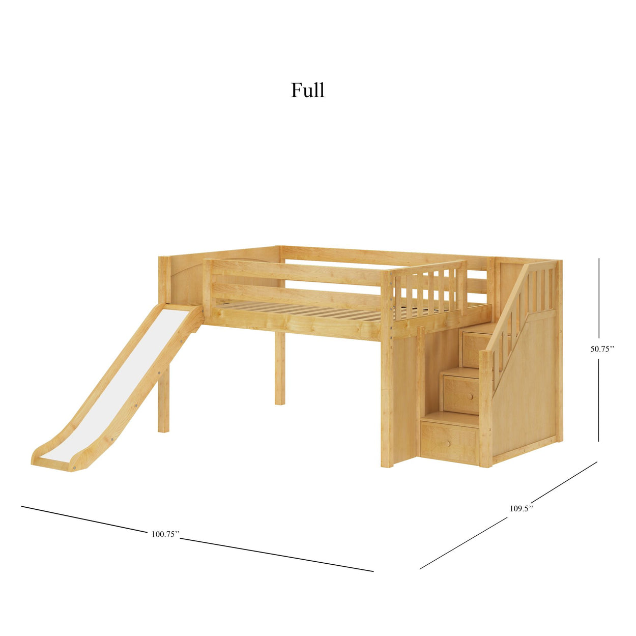 Wooden loft bed with slide and stairs, full size dimensions, ideal for children's bedroom.