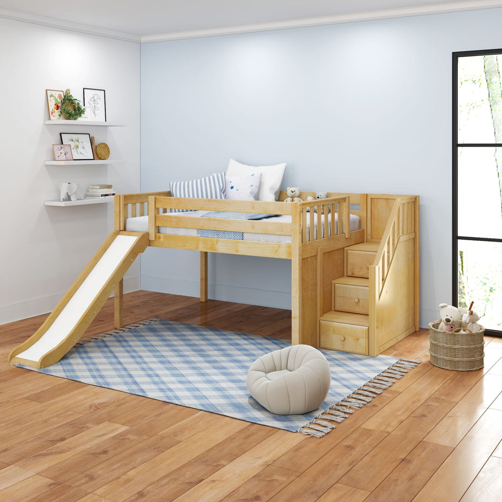 Modern children's bedroom with natural wood loft bed and slide, light blue walls, striped pillows, storage stairs, plush toys and wall shelves
