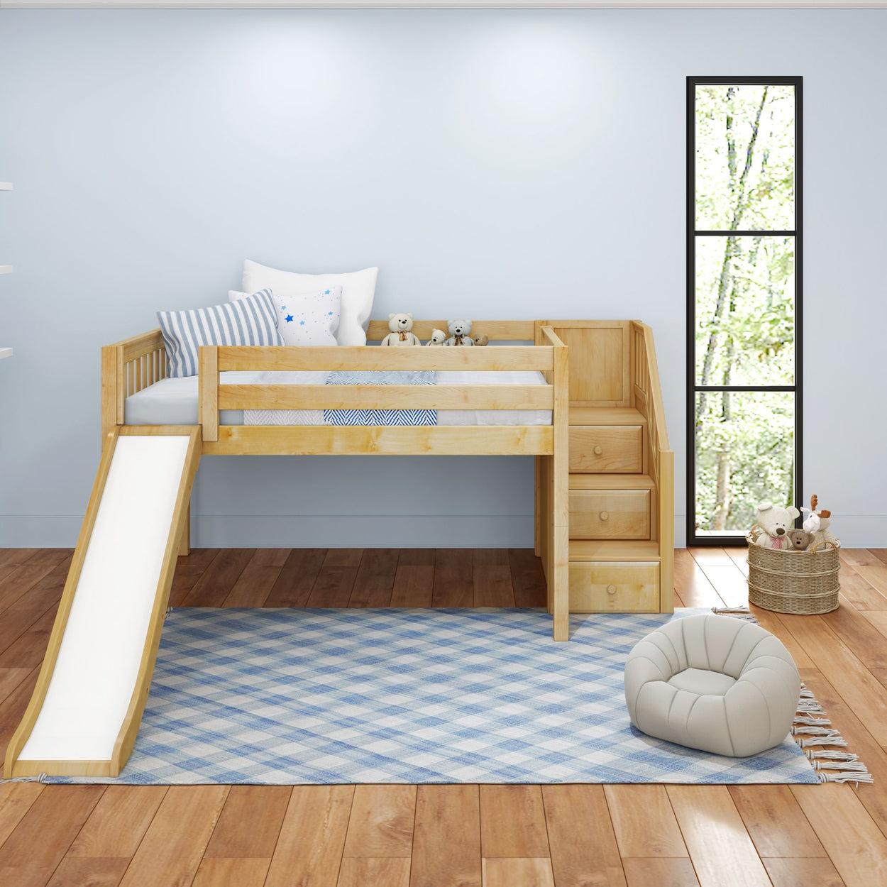 Children's wooden loft bed with slide, stairs, and cozy play area in light-filled bedroom.
