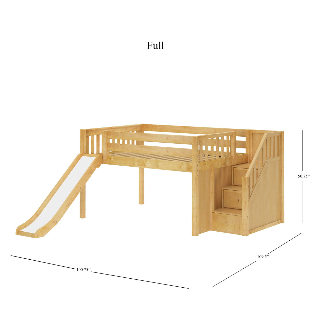 Wooden full-size loft bed with slide and staircase storage, measuring 100.75 inches in width, ideal for enhancing children's bedroom space.