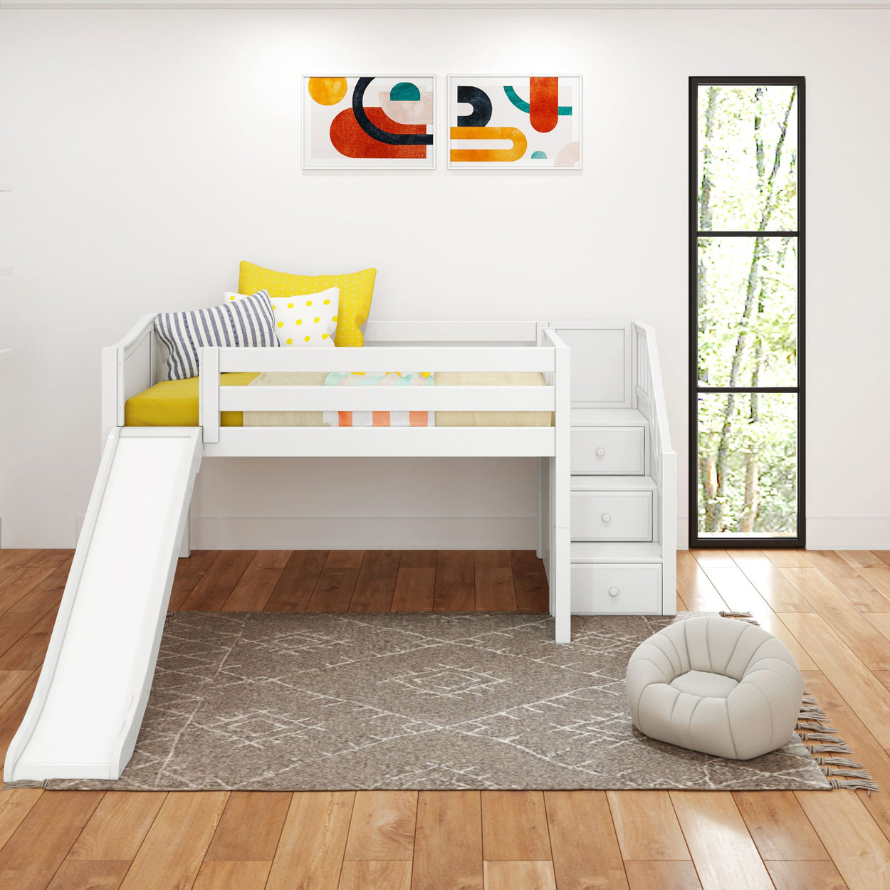 Children's white loft bed with slide, yellow bedding, and storage stairs in modern bedroom.