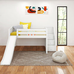 Children's white loft bed with slide, yellow bedding, and storage stairs in modern bedroom.