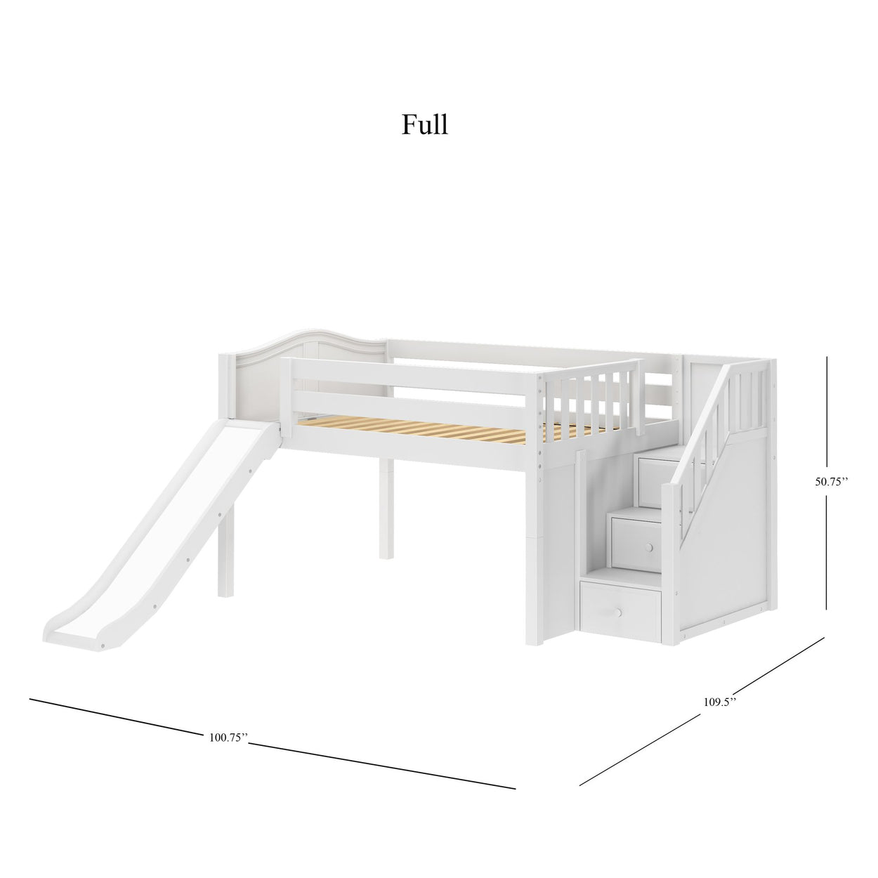 Full-size white loft bed with slide, staircase, and storage drawers, measuring 50.75 inches in height, 100.75 inches in length, and 109.5 inches in width, perfect for kids' bedroom furniture.