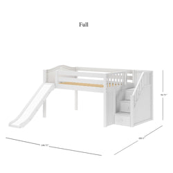 Full-size white loft bed with slide, staircase, and storage drawers, measuring 50.75 inches in height, 100.75 inches in length, and 109.5 inches in width, perfect for kids' bedroom furniture.