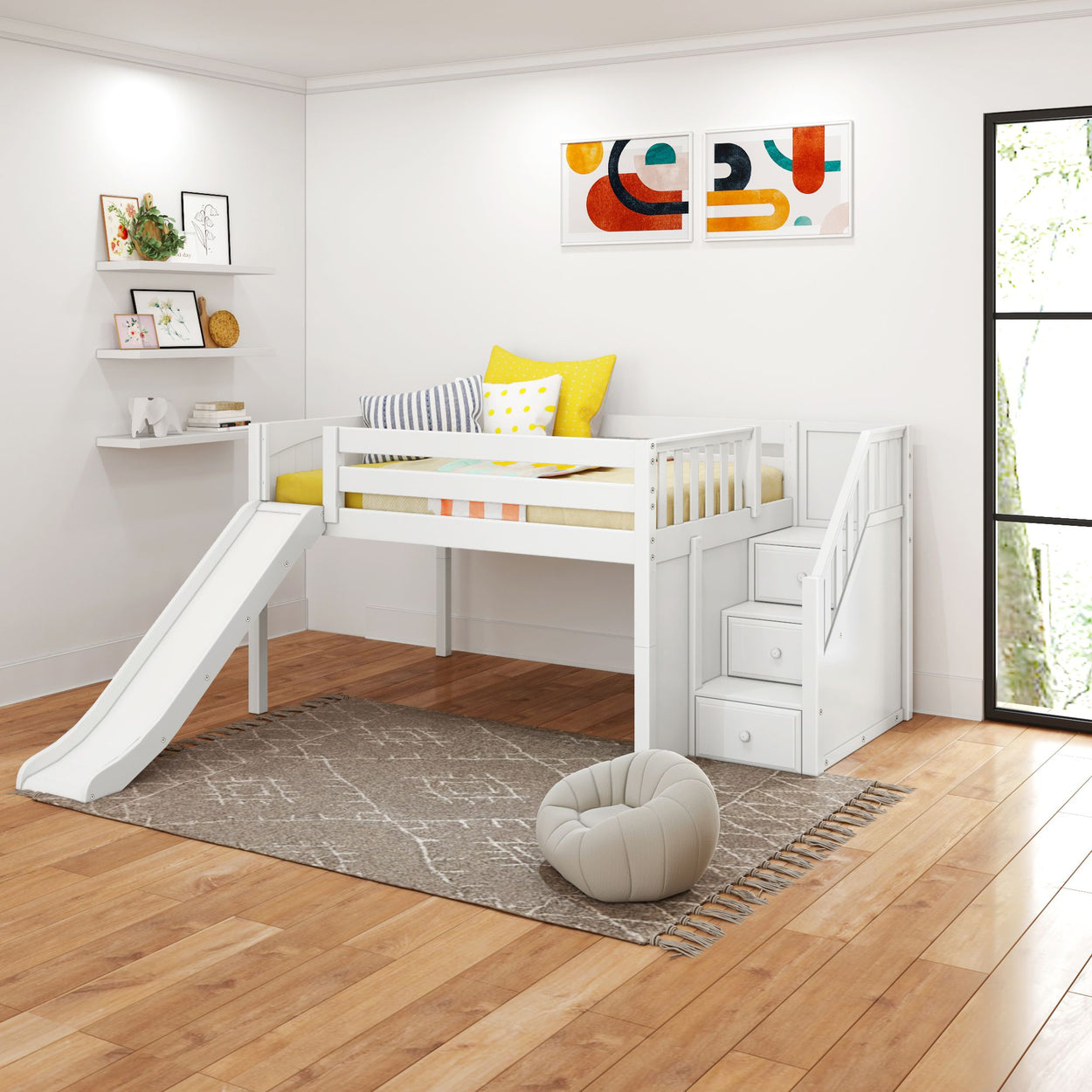 Loft bed with slide and stairs in modern children's room with colorful decor.