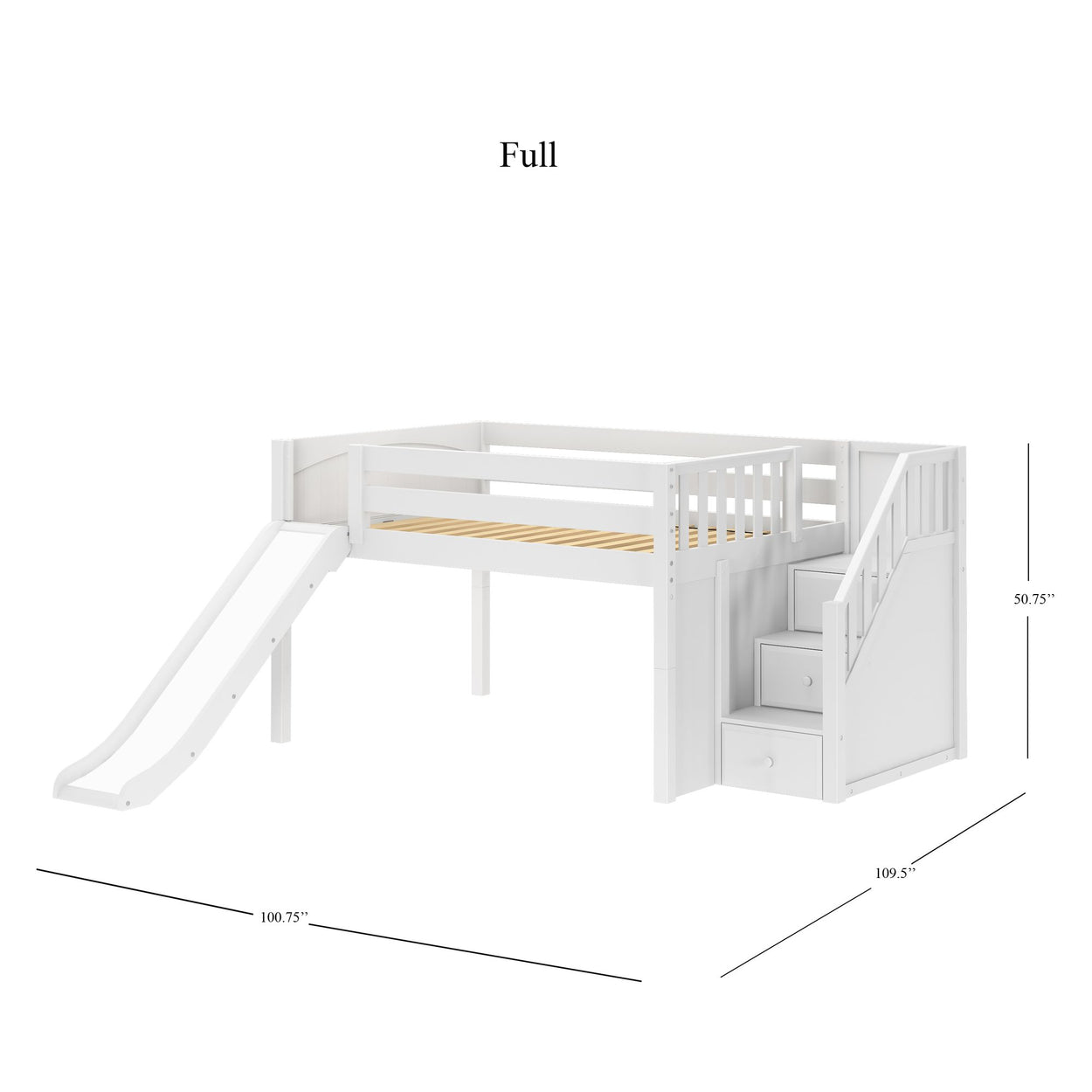 White full-size loft bed with slide and staircase storage.