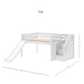 White wooden loft bed with slide and built-in staircase storage drawers, twin kids' loft bunk bed with slatted mattress support — space-saving children's bedroom furniture