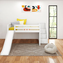 Kids' loft bed with slide, storage stairs, colorful pillows, and geometric art in modern bedroom design.
