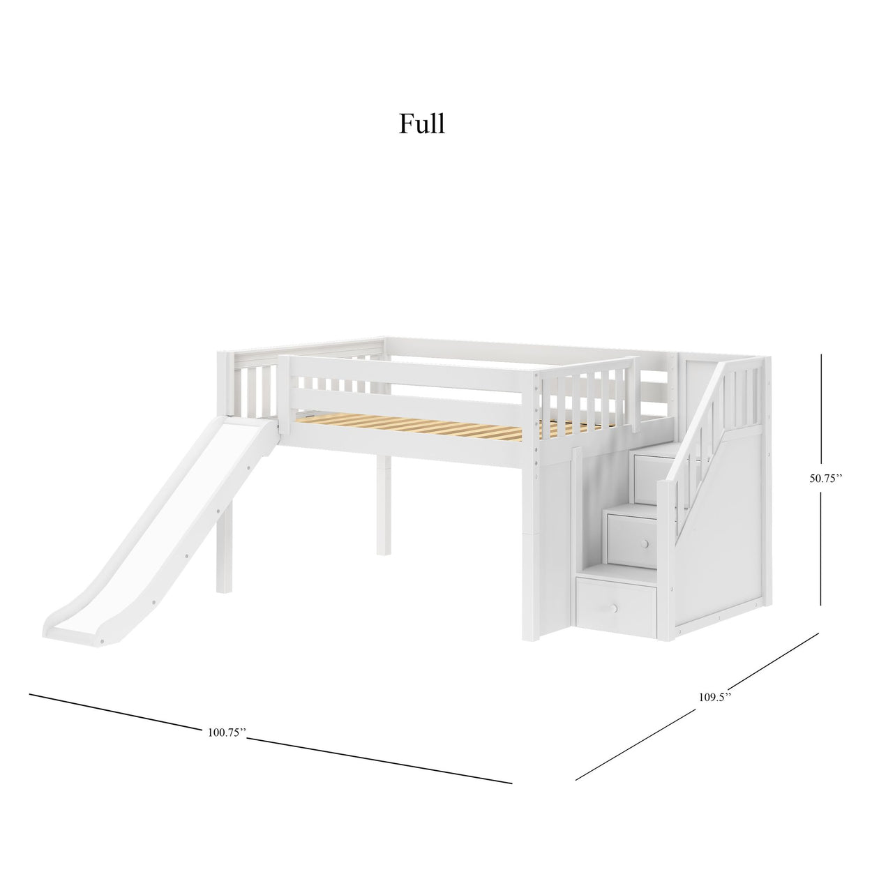 White full-size loft bed with slide and stairs, integrated storage drawers, and safety guardrails.