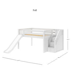 White full-size loft bed with slide and stairs, integrated storage drawers, and safety guardrails.