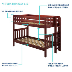 Low bunk bed with wooden frame, featuring 16-inch guardrail height, 2,000 lbs weight capacity per bed, and no box spring needed.