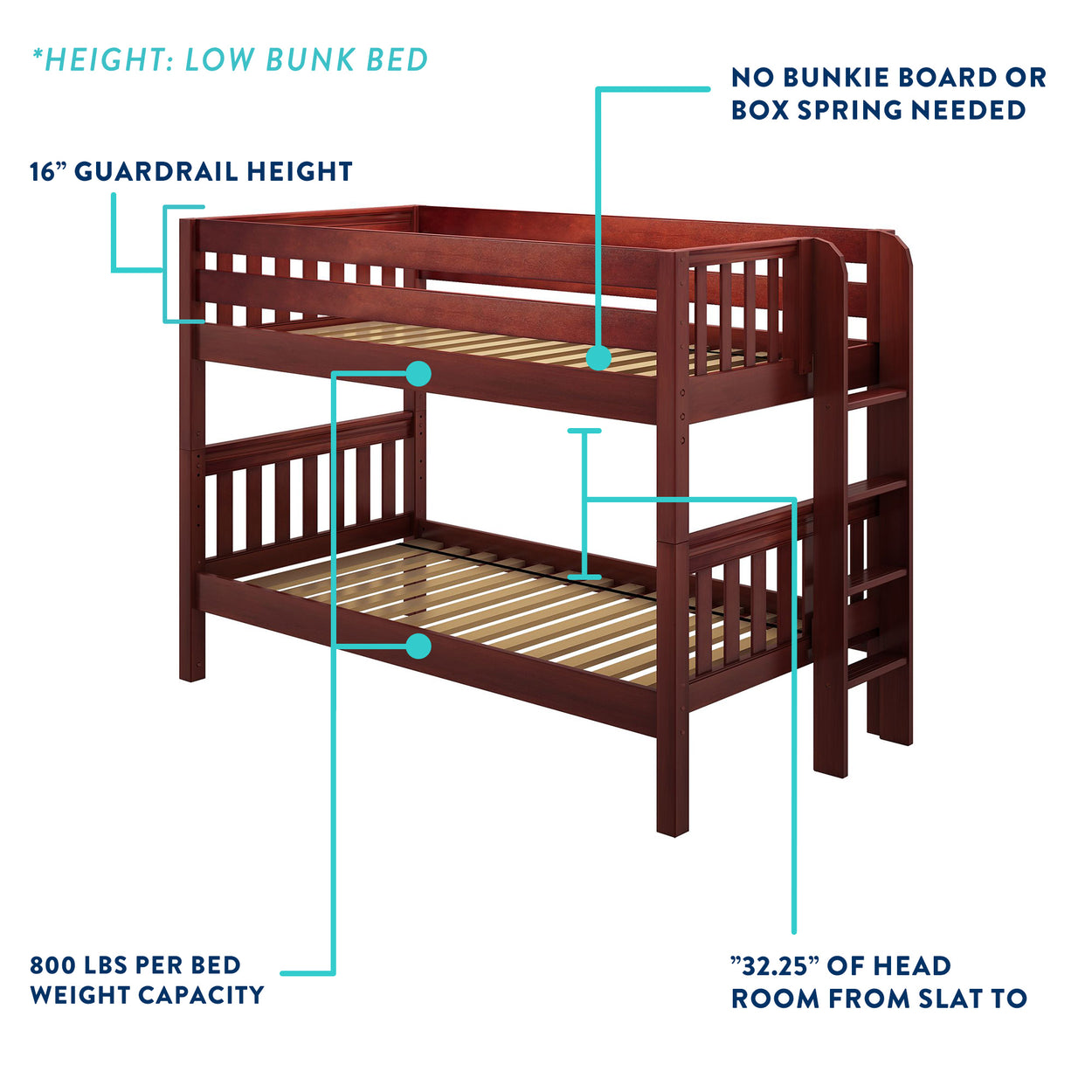 Low bunk bed with 16-inch guardrail height, no box spring needed, 800 lbs weight capacity, and 32.25-inch headroom.