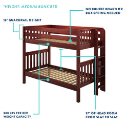 Medium bunk bed with 16-inch guardrail height, no bunkie board or box spring needed, supports 800 lbs per bed, and provides 37 inches of headroom.