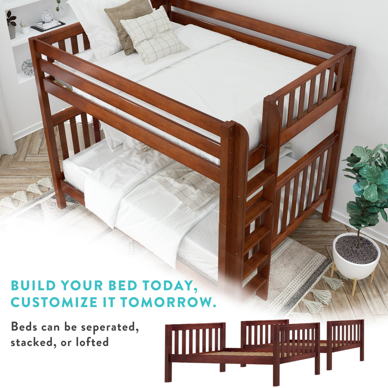 Elevated wooden bunk bed frame with white bedding in a modern room, offering customizable options for separation or stacking, ideal for maximizing space.