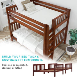 Elevated wooden bunk bed frame with white bedding in a modern room, offering customizable options for separation or stacking, ideal for maximizing space.