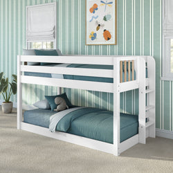 White wooden twin bunk bed with teal bedding and built-in ladder in a kids' bedroom with green striped wallpaper and stuffed toy