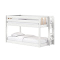 White wooden loft bunk bed with ladder and guardrails, modern minimalist kids' bedroom bed with white linens and natural wood slat accents