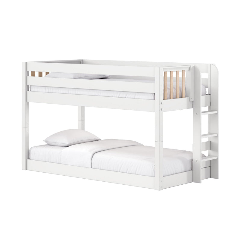 White wooden loft bunk bed with ladder and guardrails, modern minimalist kids' bedroom bed with white linens and natural wood slat accents