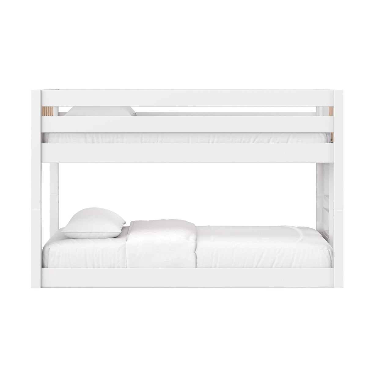 White wooden twin-over-full bunk bed with safety rails and white bedding in a modern kids' bedroom