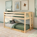 Natural wood bunk bed with green bedding and plush owl toy in a modern kids' bedroom featuring striped roman shades and framed pear and bird wall art